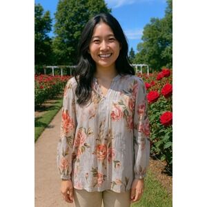 Susan Graver Floral Blouse Sheer Lace Trim V-Neck Long‎ Sleeve Top M